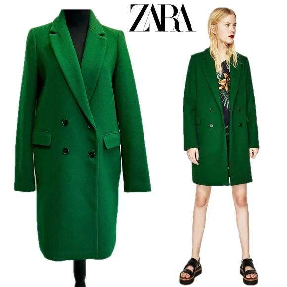 Zara Women's Green double breasted wool blend coat Sz S fall winter - Picture 14 of 14